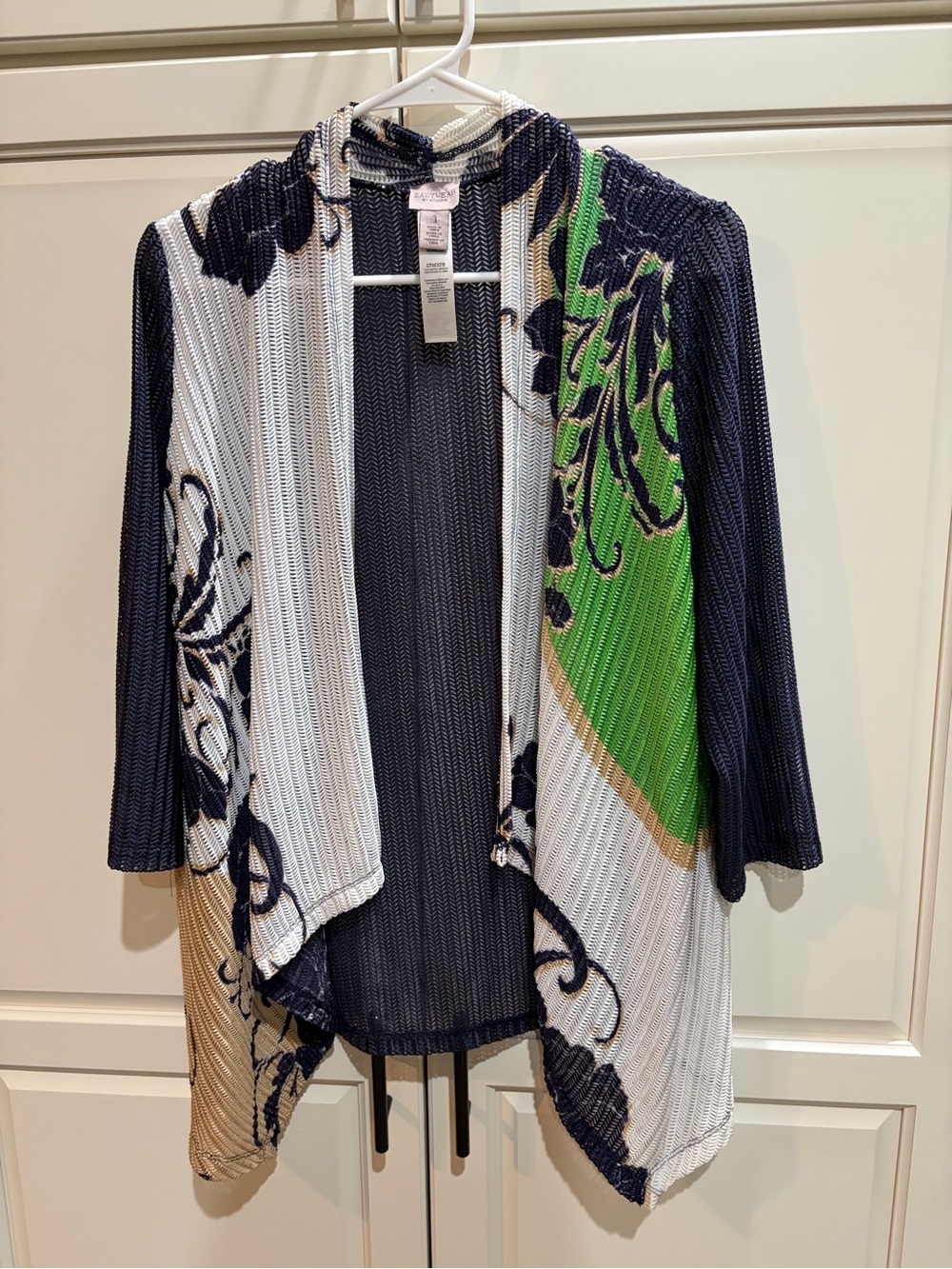 Pleated Open-Front Cardigan Sweater - Navy, White & Green Easywear by Chicos